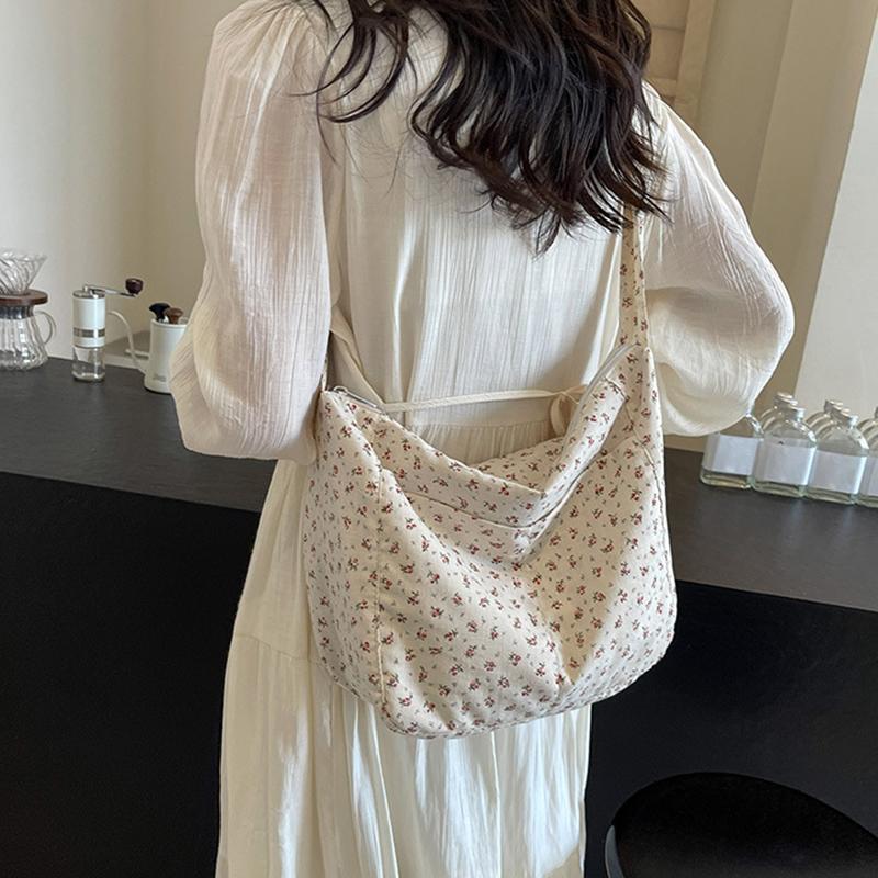 Floral Canvas Hand Washable Tote Bag for Women Large Capacity Zipper Closure Casual Shoulder Crossbody Bag CLE