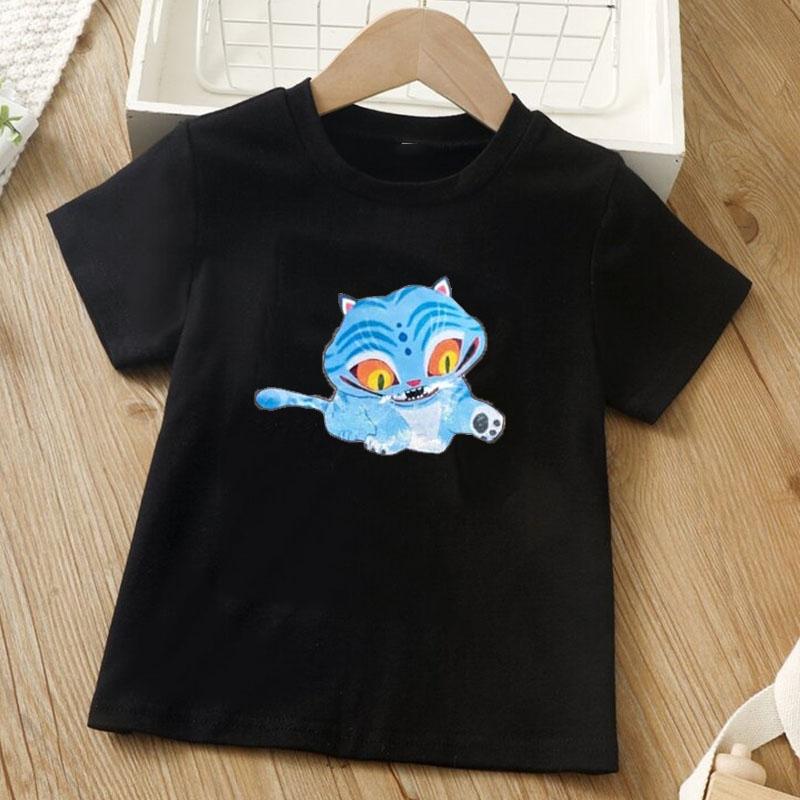 Blue Tiger Printed Children T-shirt Summer Girls Casual Loose Kawaii O-Neck Short Sleeve Colorful Tops Children Clothing