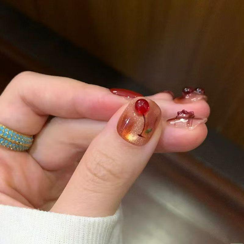 Cherry Sweet Wine: Hand-Woven Amber Gradient Plaid Bow Manicure Whitening Stickers