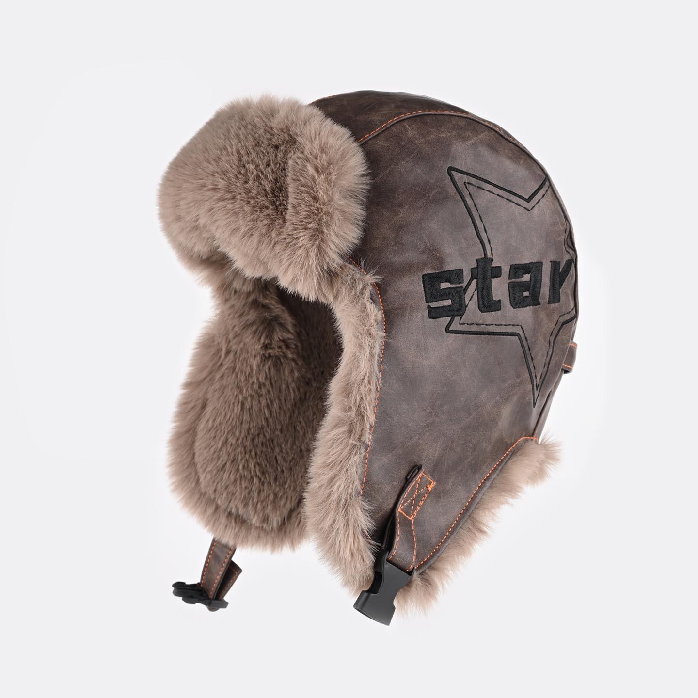 

Retro leather locomotive cap men and women winter velvet thickened pilot hat warm cycling ear hat tide Average size (55-59cm) коричневий