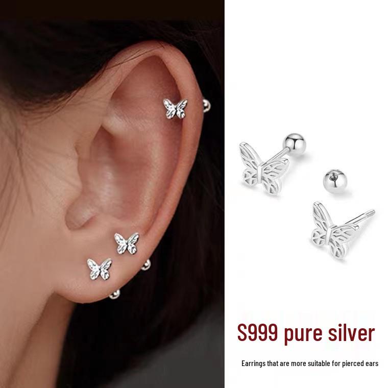 

S999 Pure Silver Butterfly Stud Earrings: Unique, High-End Minimalist Design for Cartilage Piercing - Luxury Cold Style for Women
