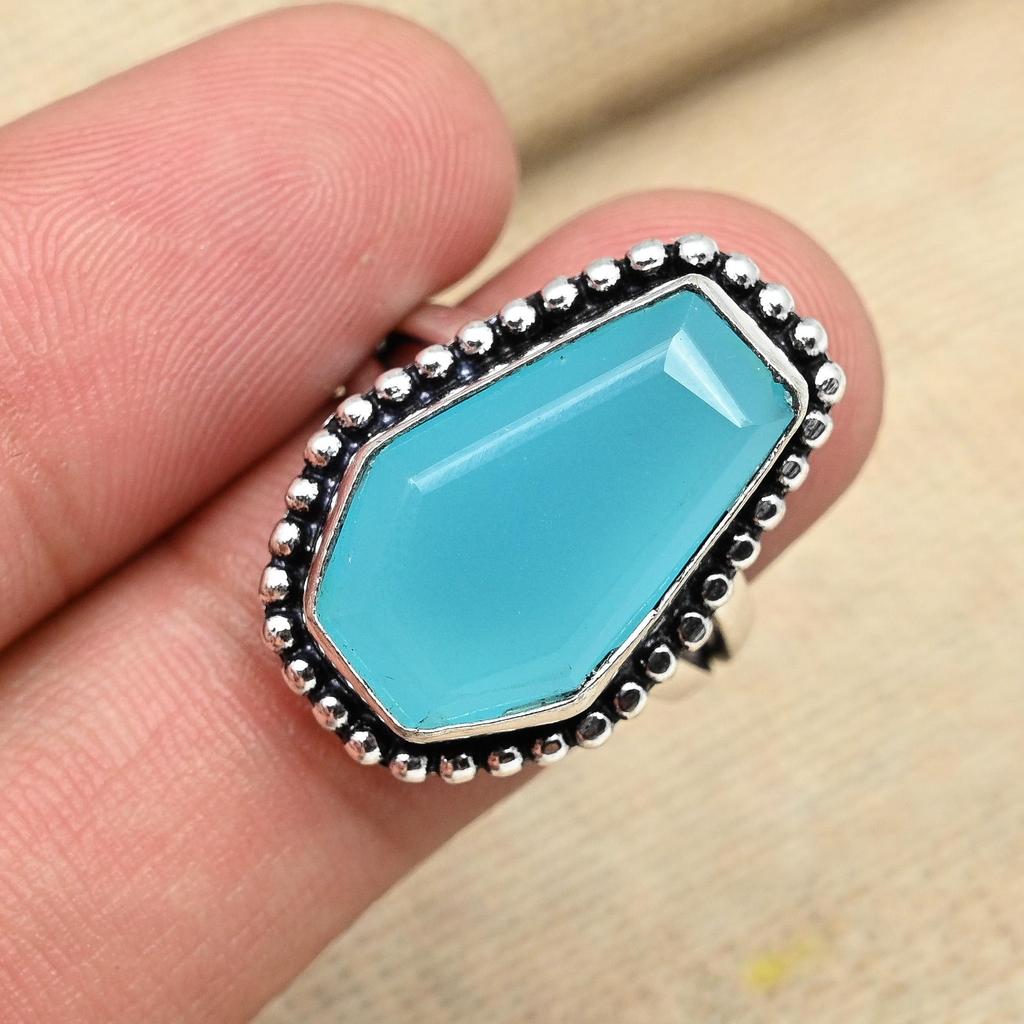 Aqua Chalcedony Gemstone 925 Sterling Silver Handmade Ring Wedding Gift Jewelry