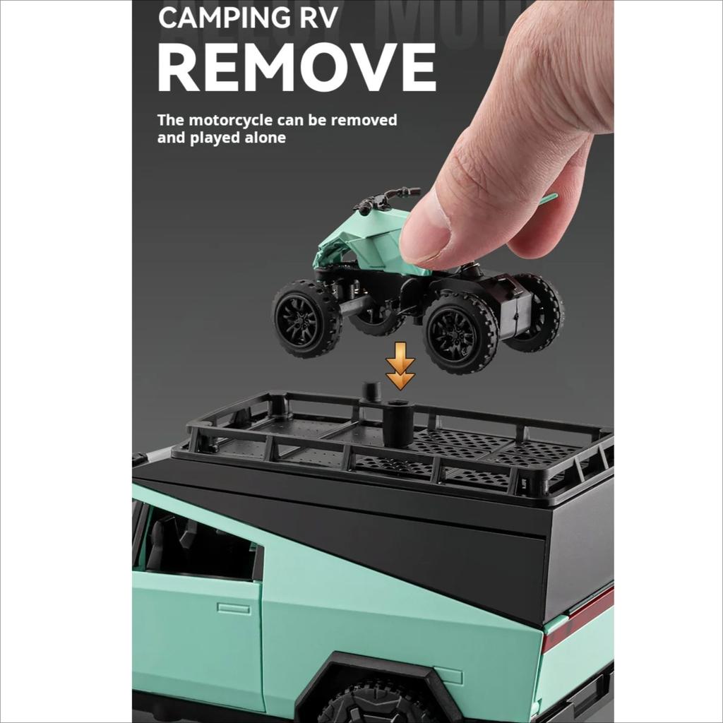 Maßstab 1/24 Tesla Pickup Camping Wohnmobil Automodell Diecast Metall Spielzeugfahrzeuge Automodell Sound Licht Sammlung Kinderspielzeug Geschenk