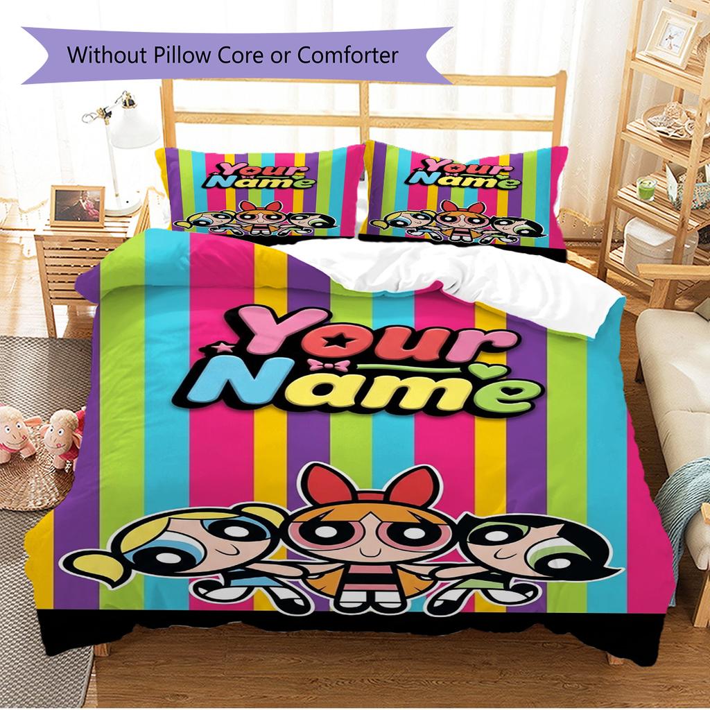 Name Custom Cartoon Powerpuff Pattern Bedding Set Quilt Cover Pillowcase Home Decor Gift (1 * Duvet Cover + 2 * Pillowcase, Without Core)