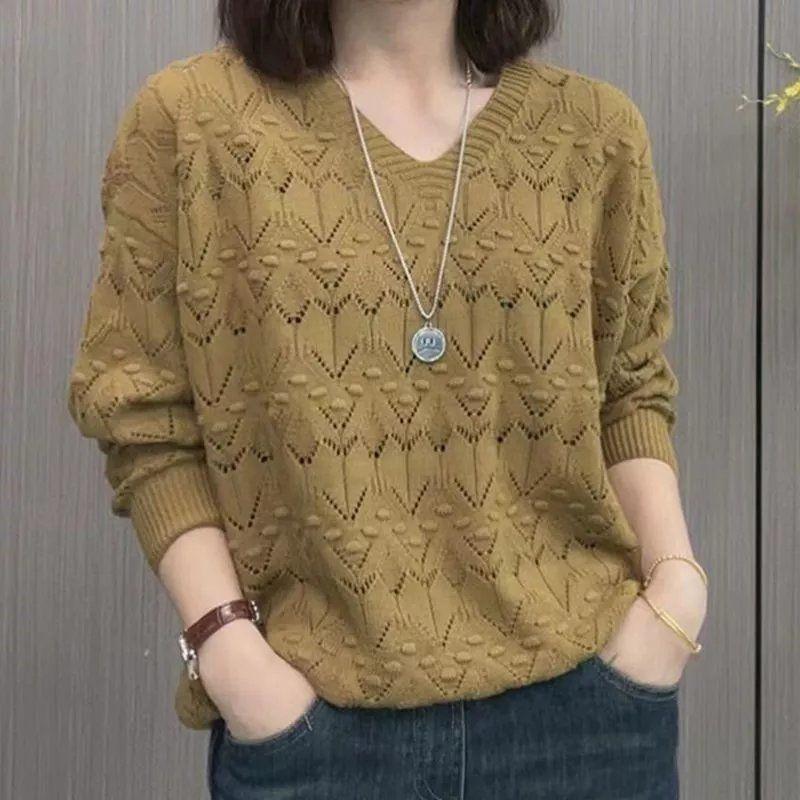 

Женские ажурные свитера с V-образным вырезом, женские осенне-зимние свитера с длинным рукавом, однотонный повседневный вязаный джемпер свободного кроя XXXL жёлтый