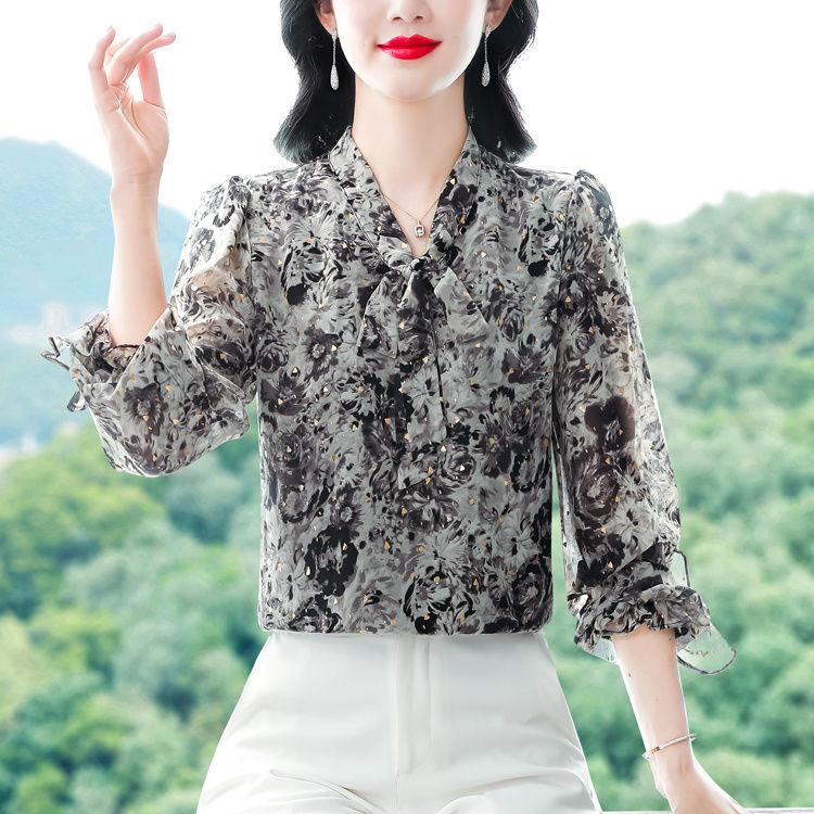 Stylish High End Loose Blouse Long Sleeve Chiffon Top Trendy and Elegant for Autumn Spring Versatile Tummy Cover