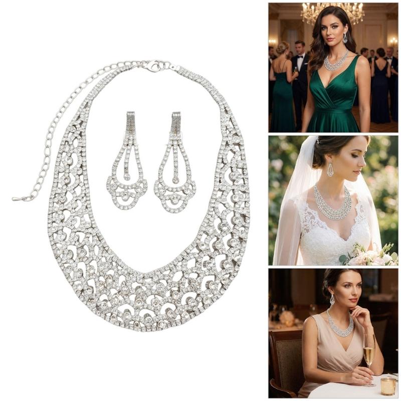 Stylish Round Cut Out Dangle Earrings With Matching Pendant Necklace Set Copper And Rhinestones Clavicle Chain Set