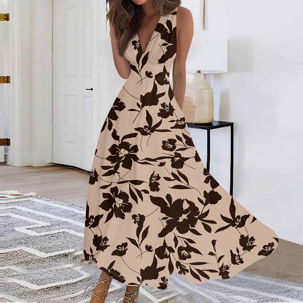 Women's Fashion Casual Loose V-Neck Sleeveless Printed Dresses