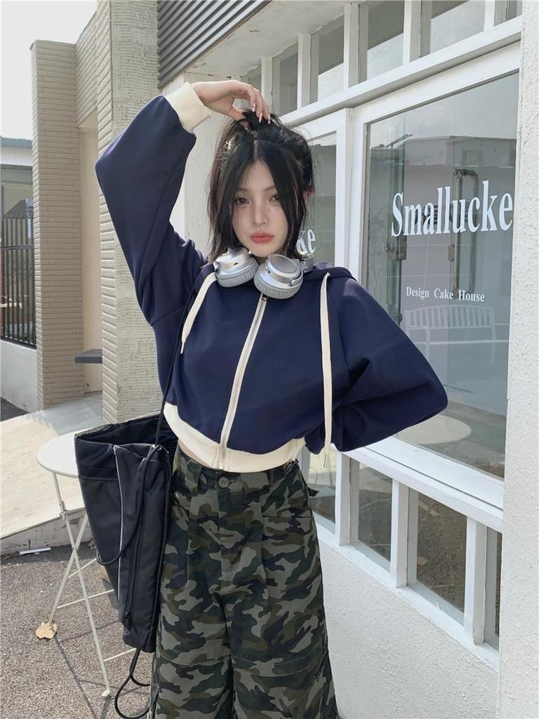 Korean Color Block Hooded Sweatshirt Jacket for Women - Autumn 2023: Short Drawstring Zipper Long Sleeve Top