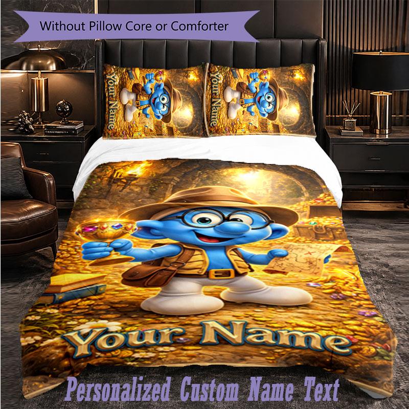 Personalized 3Pcs Bedding SetSmurfs Custom Text Duvet Cover Pillowcase Set Bedroom Gift