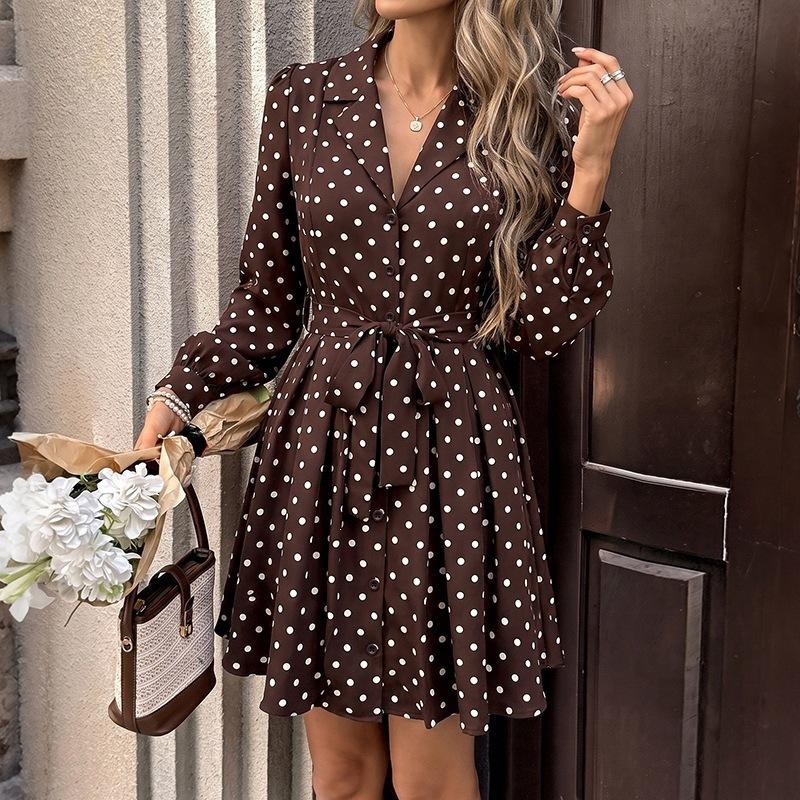 New Style Blouse Skirt Short Dress with Tie Waist and Polka Dot Pattern for Ladies' Dress