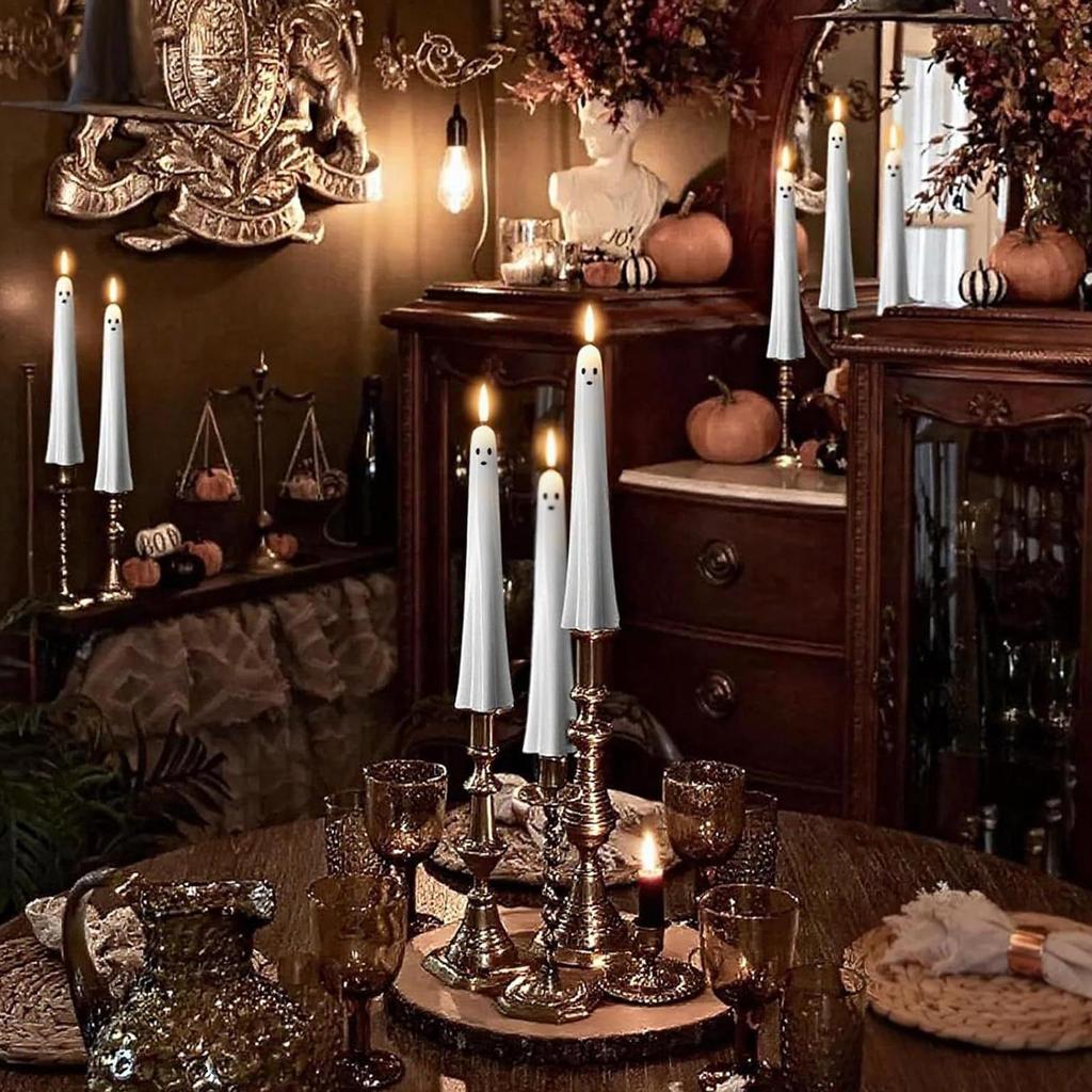 Battery Operated Candles Halloween Ghost Battery Taper Candles LED Candlesticks Halloween Decorations for Fireplace Indoor