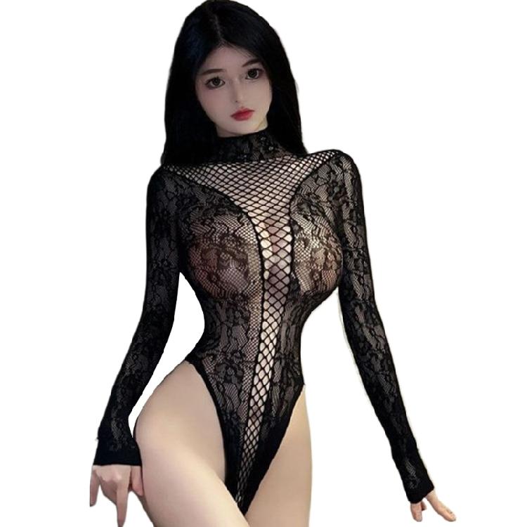 Sexy Women Fishnet Bodysuit Long Sleeve Backless Mock Neck See Through Lingerie