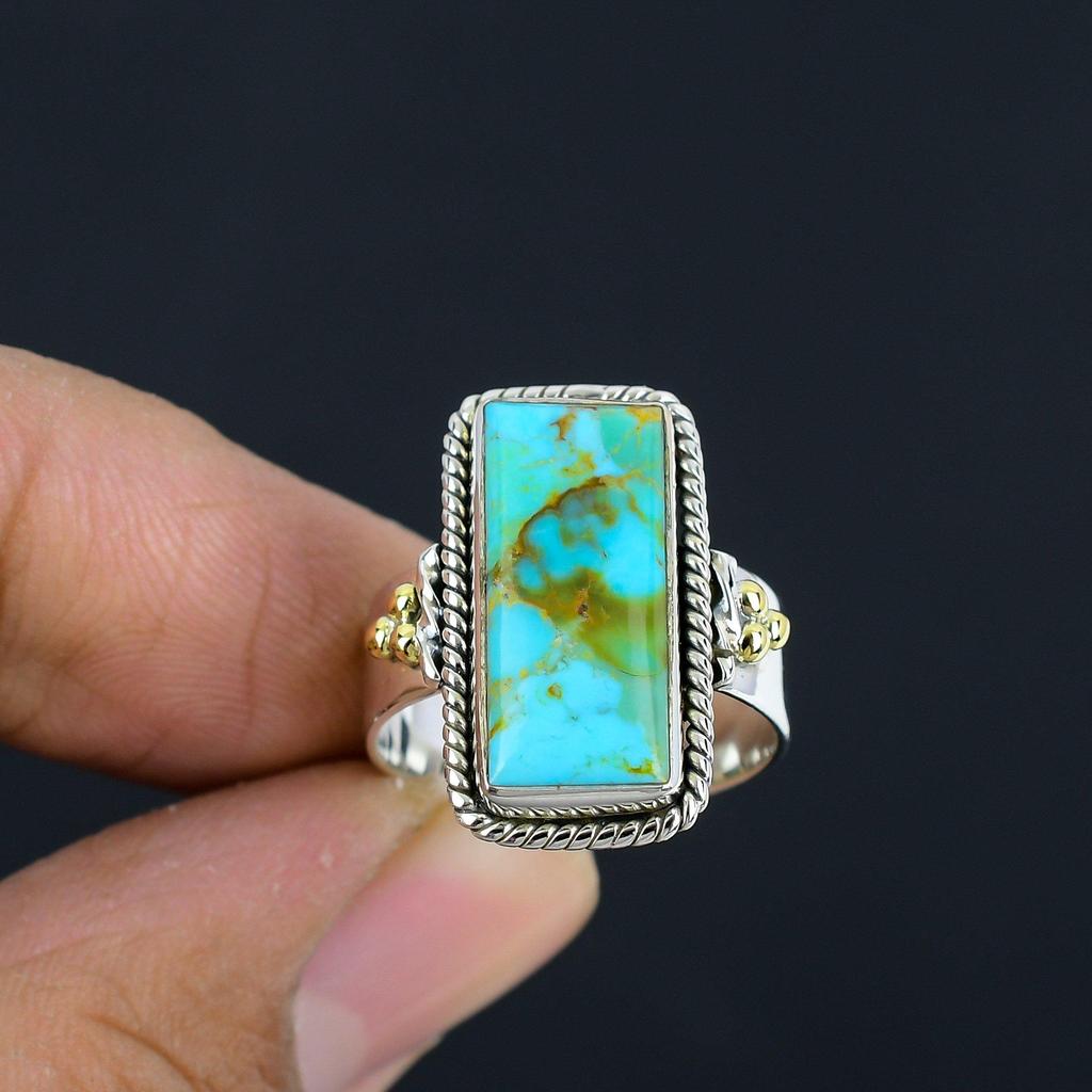 Bague bicolore en cuivre naturel Turquoise, pierre précieuse solide, bijoux faits à la main pour femmes et filles, 925