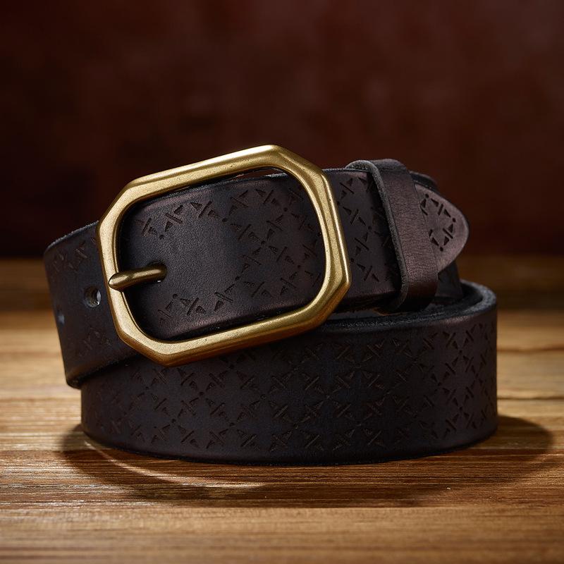 

Мужской ремень из натуральной кожи Мужской ремень ручной работы из первого слоя коровьей кожи Персонализированный ремень с гравировкой Ретро ремень Ремень с медной пряжкой 130cm чёрный