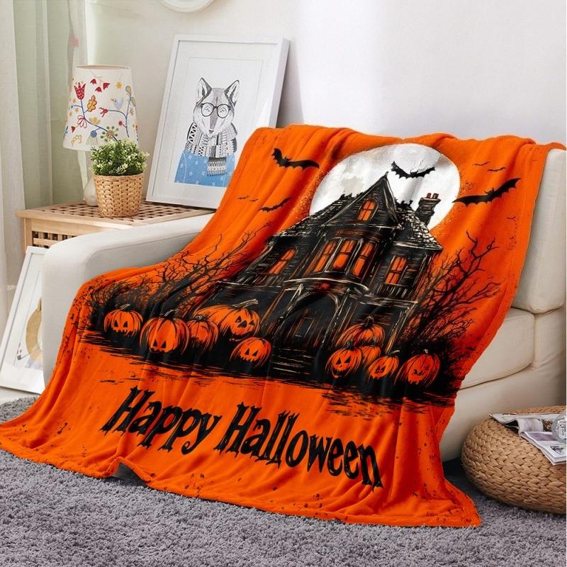 Halloween Haunted House Throw Blanket, Moon Bat Pumpkin Print Soft Flannel Blanket for Sofa Home Decor