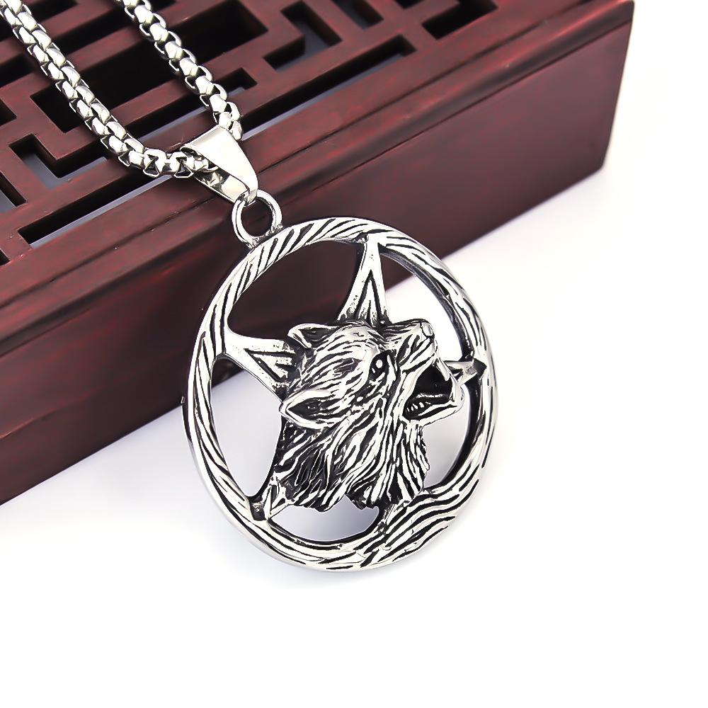 Pentagram Viking Wolf Head Men's Pendant Retro Titanium Steel Men's Necklace
