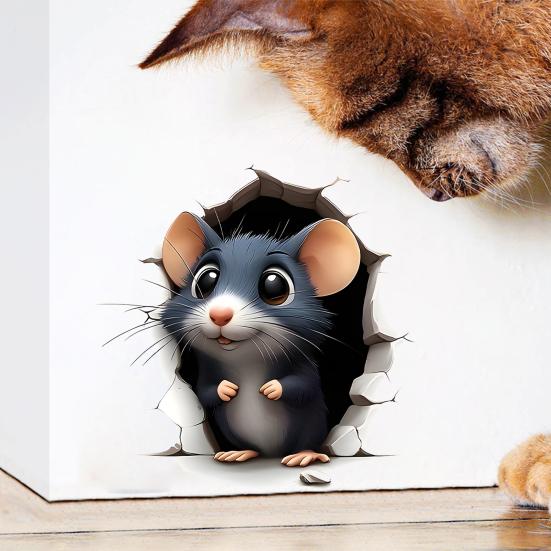 Waterproof PVC Wall Mural 3D Break Through Mouse Decal, Cute Rat Sticker, Versatile Room Ornament Self-Adhesive Removable Art Decor for Home