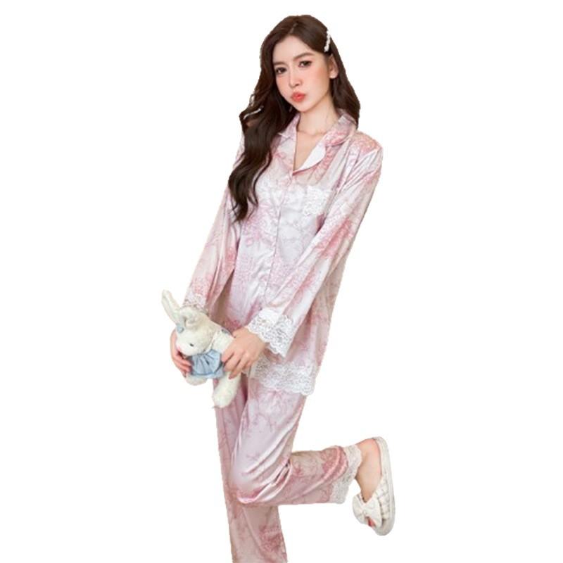 1011 Korean version of high-end lace ice silk pajamas women's long-sleeved trousers light luxury thin loungewear two-piece set