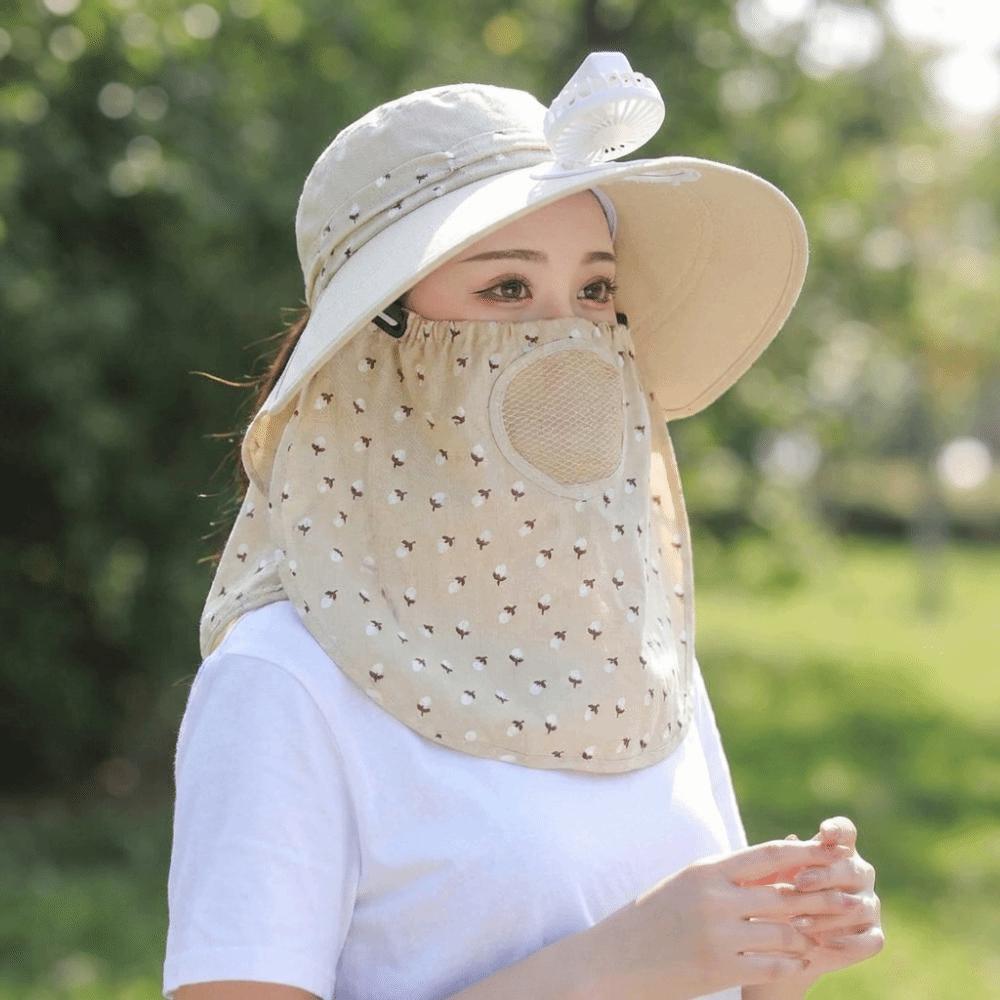 With Neck Flap Tea Picking Hat Windproof Women Sun Hat Breathable Electric Fan Bucket Hat  Women