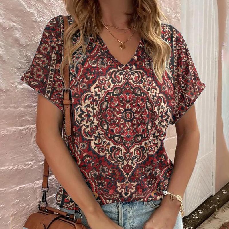 Casual Bohemian Print Women's Short Sleeve V-Neck Top T-Shirt