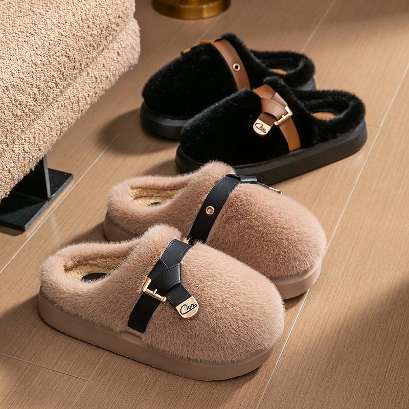 Plush cotton slippers women's autumn and winter fashion belt buckle home non-slip super warm can not lose hair thick bottom plush slippers