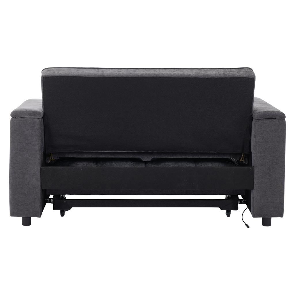 N625P352301302303G) Sleeper Sofa 3-in-1 Pull-out Sofa, Adjustable Backrest, USB Port, 2-Seater Sofa Daybed, with Hidden Table, Cup Holder, Grey