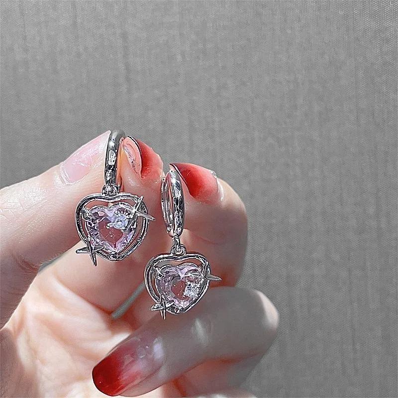 Moda Feminina de Verão Zircônia Rosa Pêssego Coração Pingente Pendente Brincos Menina Doce Estética Cool Acessórios Y2K Joias Presentes