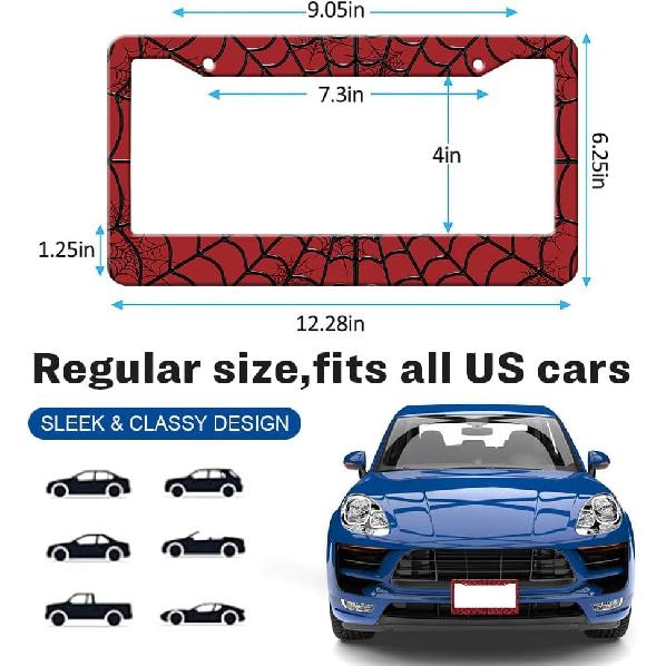 Decorative License Plate Frame Black Red Spider Web with a 3D Look, Personalized Novelty License Plate Frame Metal License Plate Holder for US