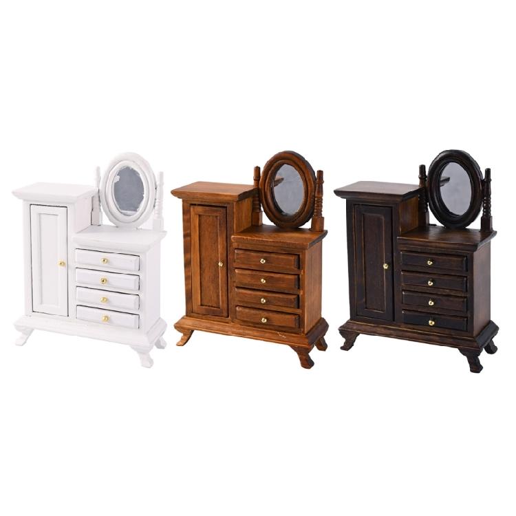 Dollhouses Furniture 1/16 Wood Dressing Table with Working Drawers and Cabinet for Craft Model Project Scene Decoration