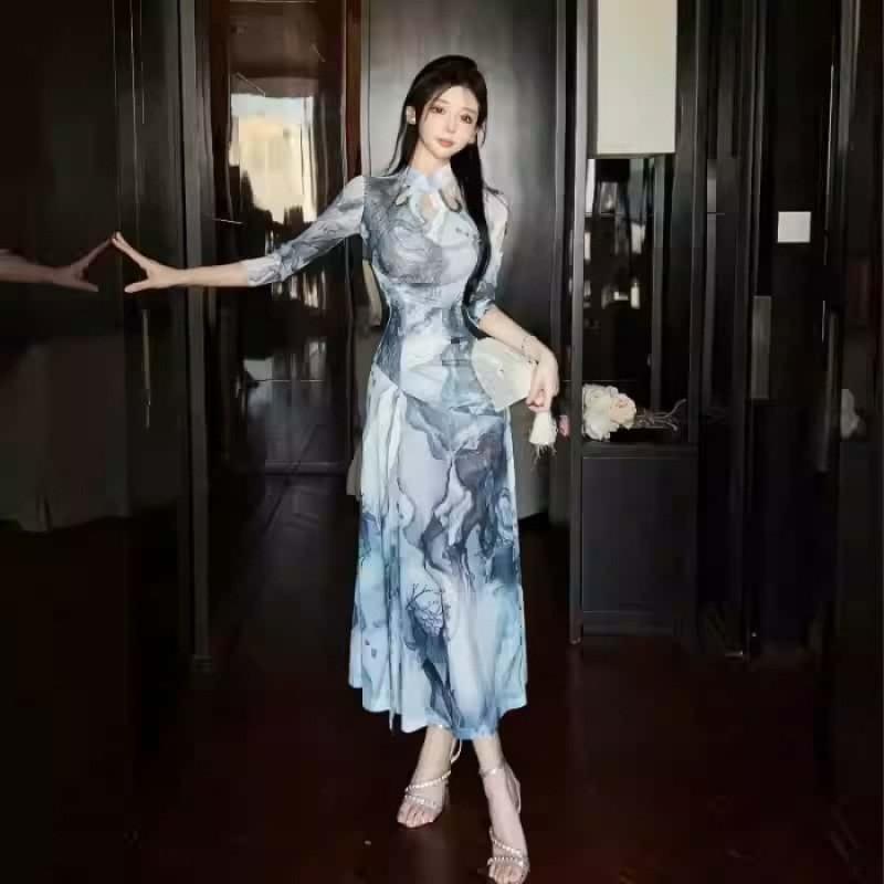 Elegant Modern Cheongsam Dress With High Slit Long Sleeve Floral Print Womens Maxi Small