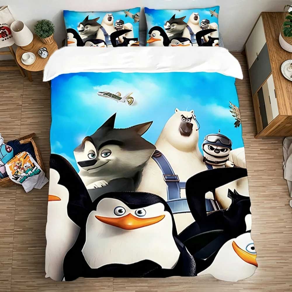 Cartoon Duvet Cover Pillowcase Penguins Madagascar Bedding Set Adult Boy Girl Bedroom Decoration Children Single Double size