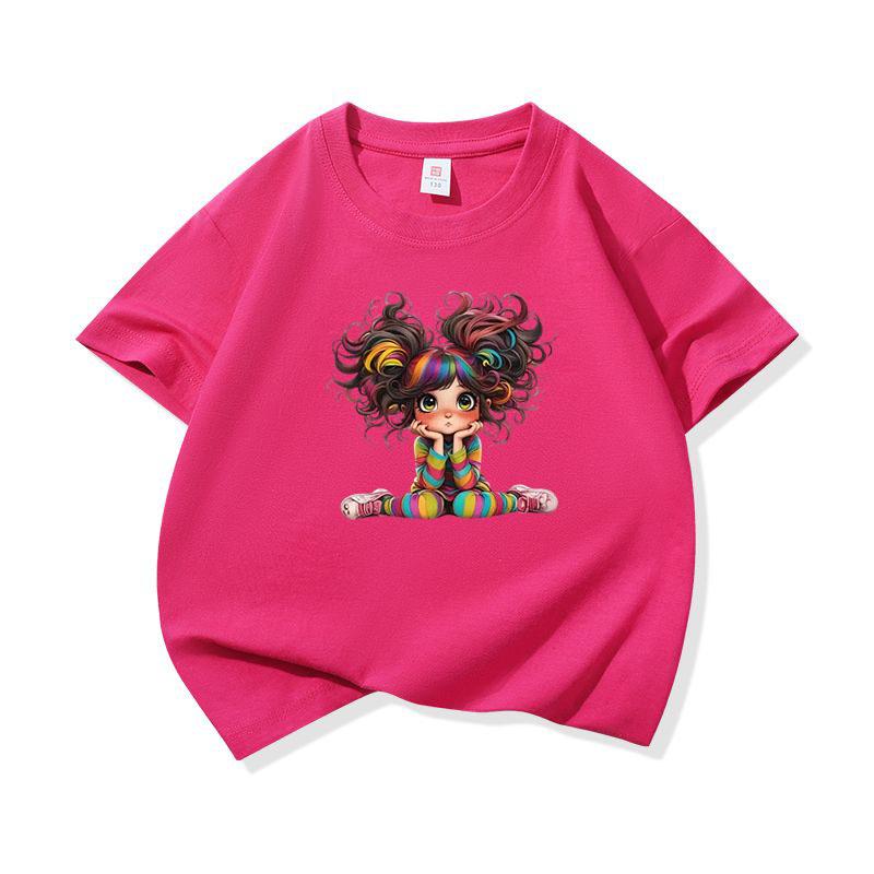 Kids Cotton T Shirt Charming Rainbow Hair Girl Sitting Print Crew Neck Short Sleeve Tee Casual Boys Girls Summer Tops