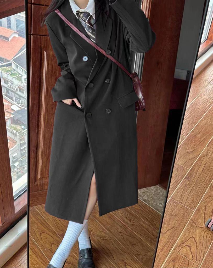 Trench-coat long noir pour femme - Style coréen haut de gamme, Collection Printemps/Automne 2025