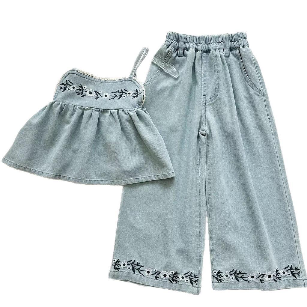 Summer Girls' Outfit New Style Embroidered Floral Denim Suspender Top And Lace Wide-Leg Pants Casual Two-Piece Set