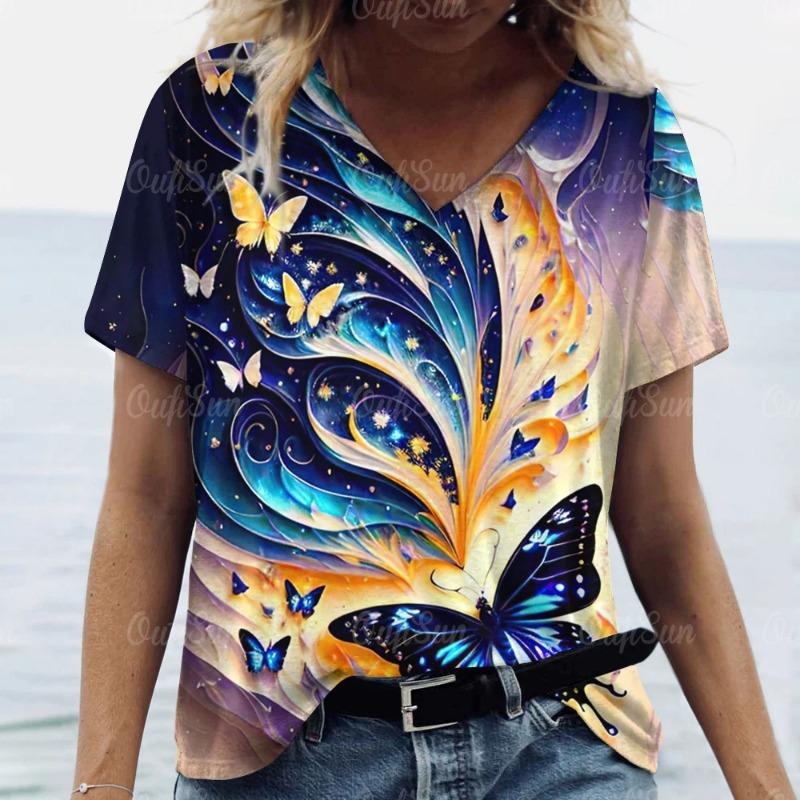 Women's V-Neck Print Beautiful Butterfly Pattern Oversized Women's Blouse Y2K Fashion Women's Breathable T-Shirt