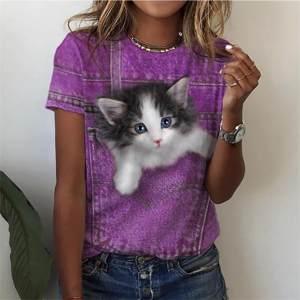 Kawaii Cat T Shirt For Women Summer O Neck Short Sleeve Top Harajuku Kitten Printed Women's T-Shirt Fashion New Female Clothes