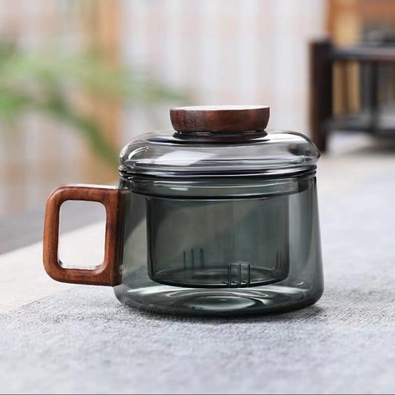 

200ml Tea Infuser Cup Heat Resistant Glass Teacup with Filter and Wood Handle Coaster Office Tea Separation Mug Kung Fu Tea Set