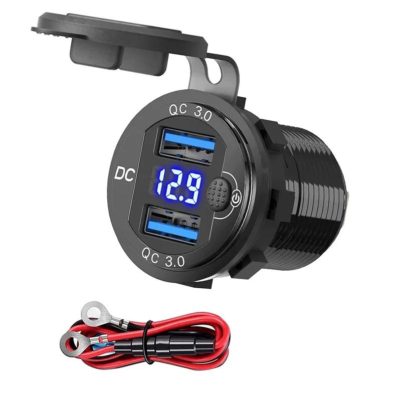 USB Car Fast Charger Socket Dual Qc3.0 Quicker Charger Adapter with Switch for 12-24v Marine Motorcycle Truck