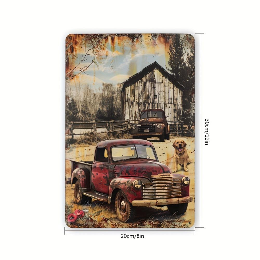 Vintage Truck and Dog Metal Tin Sign - 8x12" 2D Flat Rustic Farmhouse Wall Art, Home Bar Garage Decor