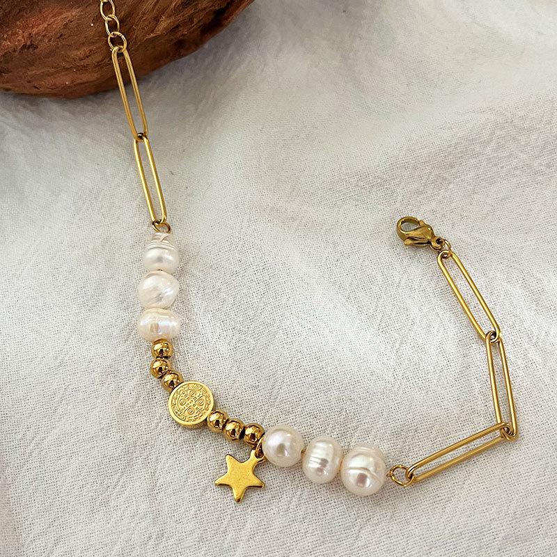 Fashion Light Luxury Versatile Commute Gold Plated Natural Pearl Five Star Titanium Steel Bracelet