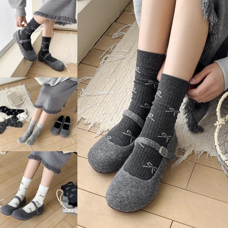 Sweet Girls Elegant Bowknot Pattern Cotton Crew Socks for Women Breathable Casual Fashion Student Middle Calf Socks