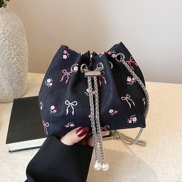 Trendy Soft Fabric Drawstring Bucket Bag With Chain For Women Ideal For Daily Outfits