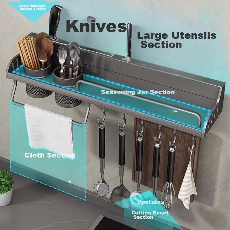 Huxiansen Kitchen Storage Rack, No Drilling Required, Wall-Mounted Seasoning Rack, Chopstick Holder, Knife Holder, Utensil Organizer, 50CM Double Cup