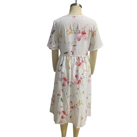 O-Neck Krótki rękaw Plisowana sukienka Midi Kieszenie Luźne obszycie Kobiety Kwiatowy nadruk Linia A Sukienka na wakacje Odzież codzienna