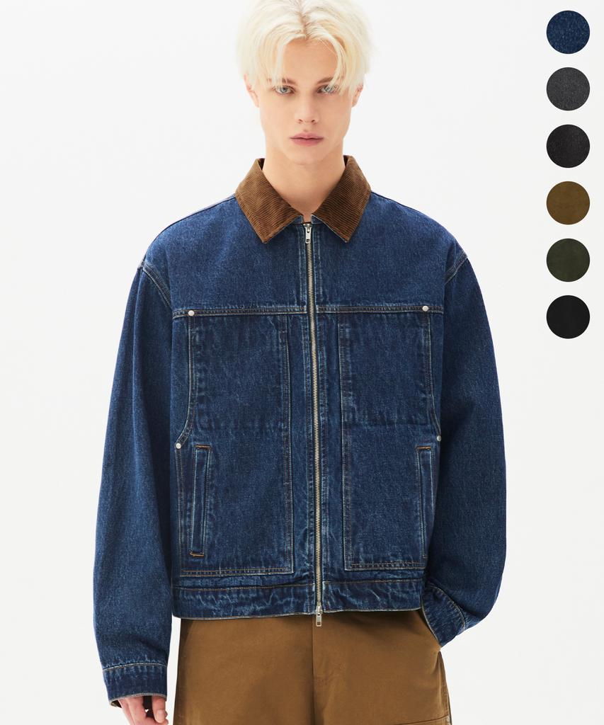 TRILLION Corduroy Collar Denim Zip-Up Work Jacket_6 Colors