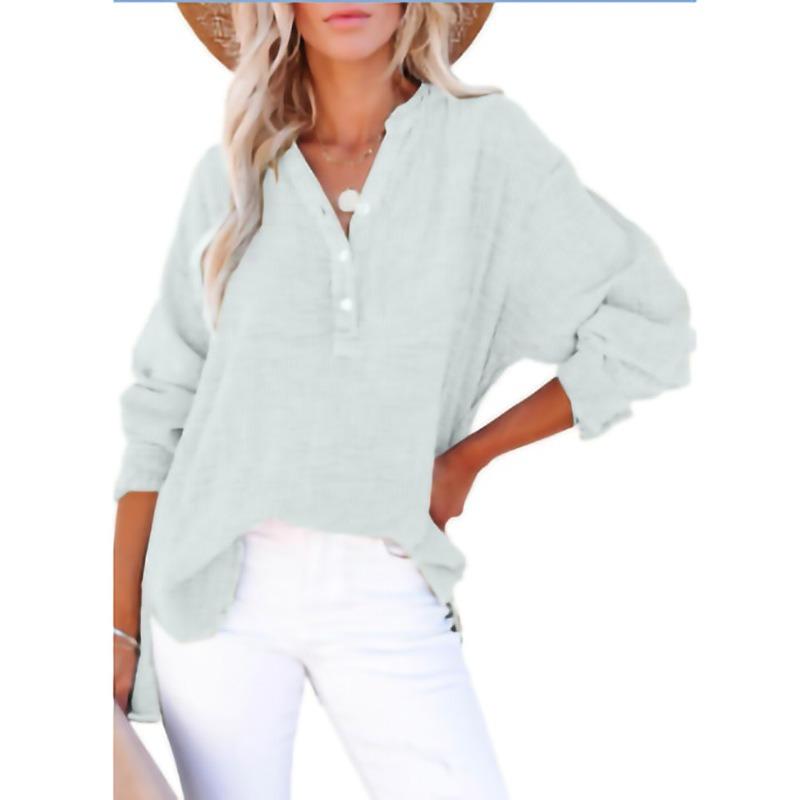 Fashionable Spring Autumn Pleated Button Long Sleeved Solid Color Top Women's Shirt Loose Pure Cotton Pullover Shirt