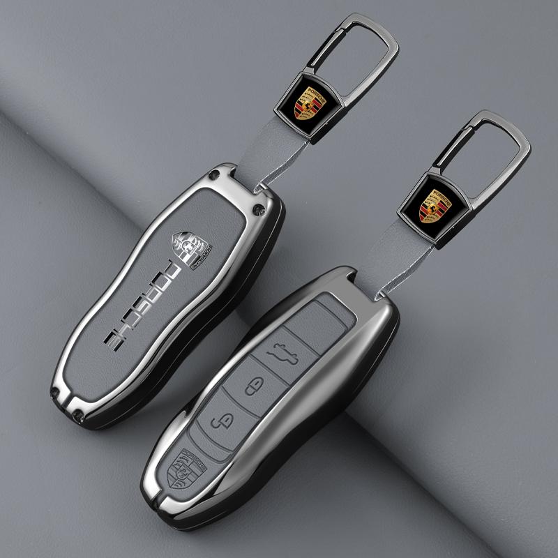 Zinc Alloy Leather Car Key Case Cover For Porsche Cayenne Panamera Macan Cayman 718 911 Taycan Interior Accessories Sticker