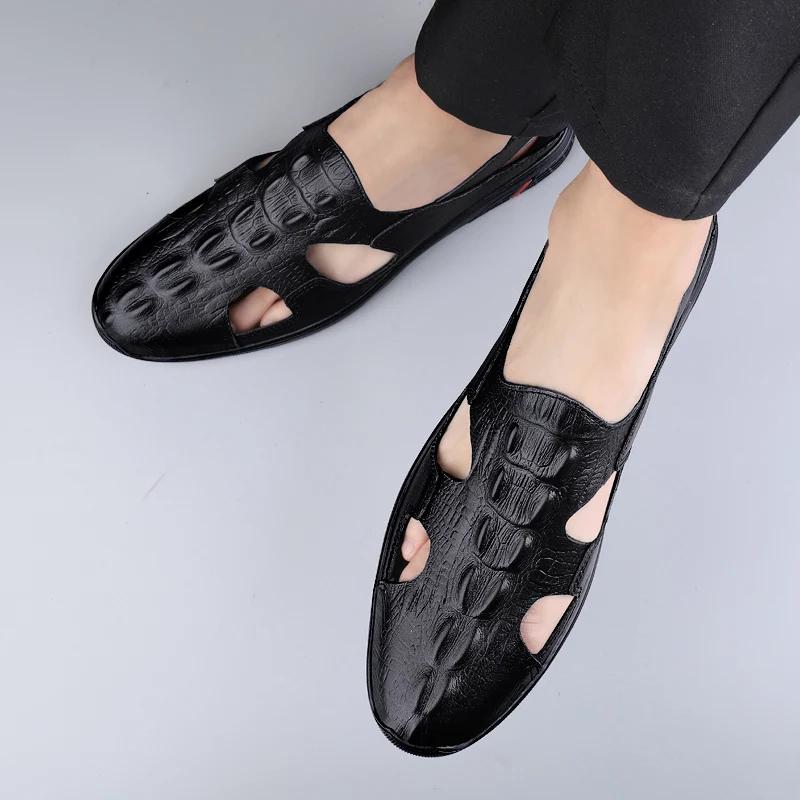 Fashion Men Shoes Summer New Hollow Genuine Leather Crocodile Texture Breathable Sandals Quality Brand  Business Casual Mens Dress Shoes