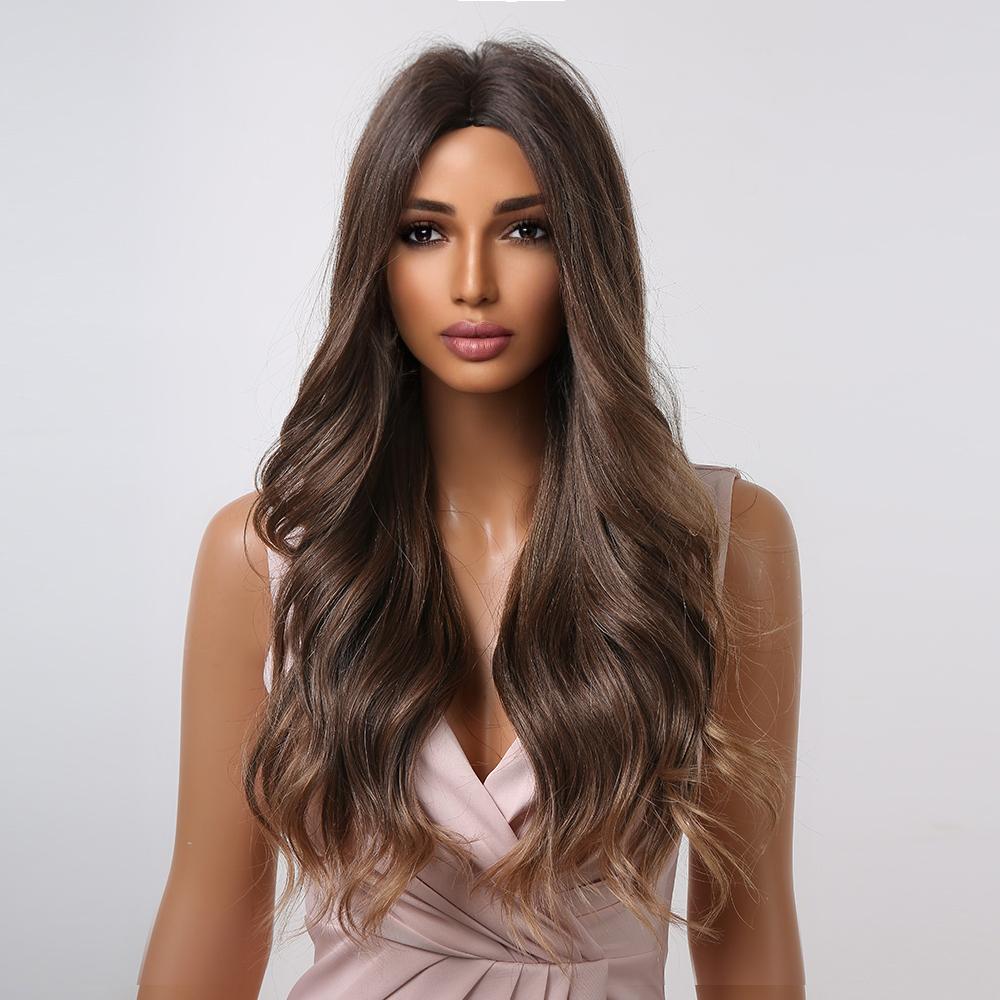 Ombre Brown Long Wavy Synthetic Hair Wig for Black Women Afro Middle Part Heat Resistant Fiber Cosplay Daily Use Hair Wigs